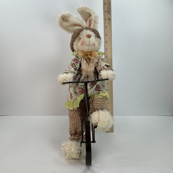 Floral Bunny Plush Doll On Metal Tricycle With Wicker Basket Floral Accents 19" - Picture 11 of 13